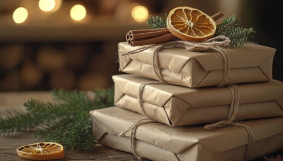 A festive photo with a stack of three boxes wrapped in kraft paper with dried fruit on top with Christmas lights in the background.
