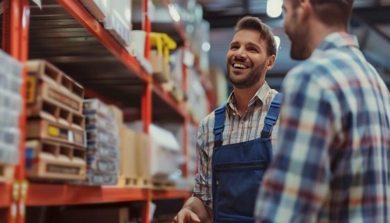 Two men standing in a warehouse in front of storage racking.