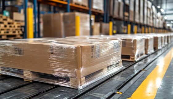 A pallet covered in stretch film, prepared for shipping in a high-tech warehouse, showcasing the contrast between the smooth plastic and rough wood texture