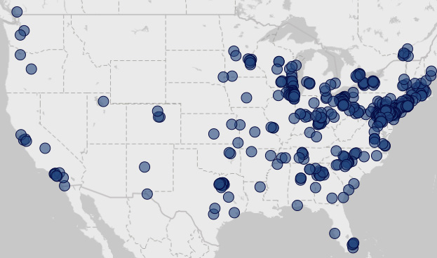 ColonyPackaging-ManufacturingNetwork a graphic map of the united states with small blue circles pin pointing unmarked addresses across the continental states.