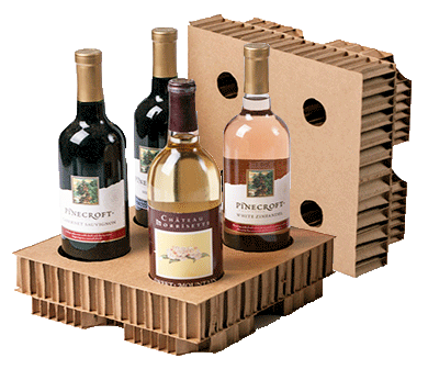 honeycomb corrugated packaging die-cut pieces encasing four wine bottles for shipping